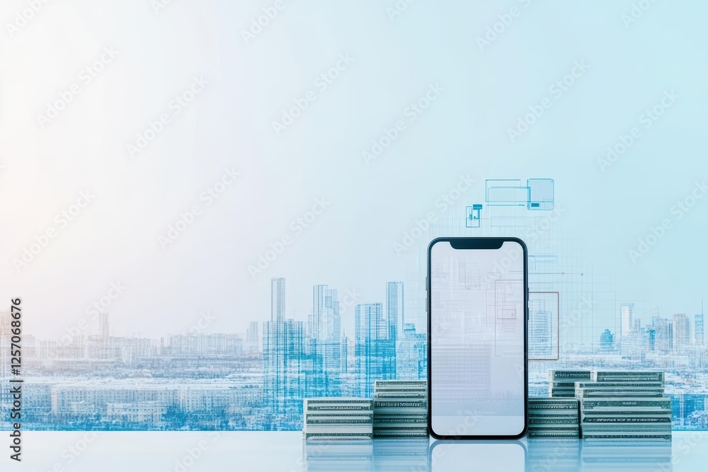 Poster smartphone held by a person with a city skyline visible in the background during sunset or twilight 