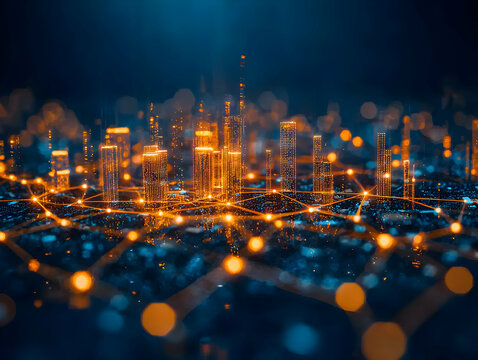 Smart city network, digital landscape, glowing buildings, technology background
