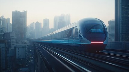 Naklejka premium Futuristic Train Speeding Through Modern City