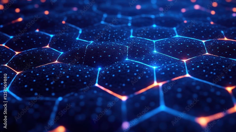 Poster dynamic 3d hexagonal grid landscape futuristic digital art with neon blue lighting and geometric pat