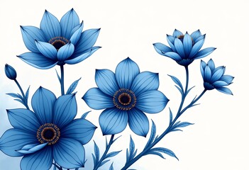 静かな水墨風青い花のベクター：シンプルな線と余白のある高解像度中国風絵画、ミニマリストデザイン、壁アート、デジタルグラフィックに最適

