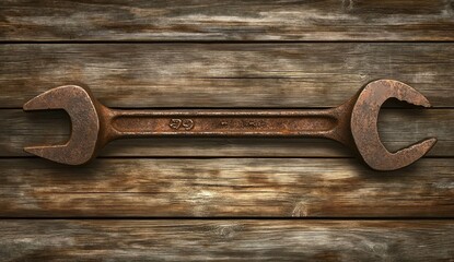 Rusty Wrench on Weathered Wooden Surface: A Symbol of Time and Craftsmanship