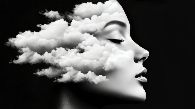 Serene Dreamscape Woman's Face Merged with Clouds in Black and White