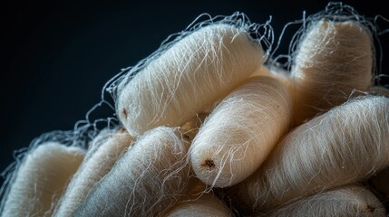 Fototapeta premium Silk cocoons close-up, textile production, dark background