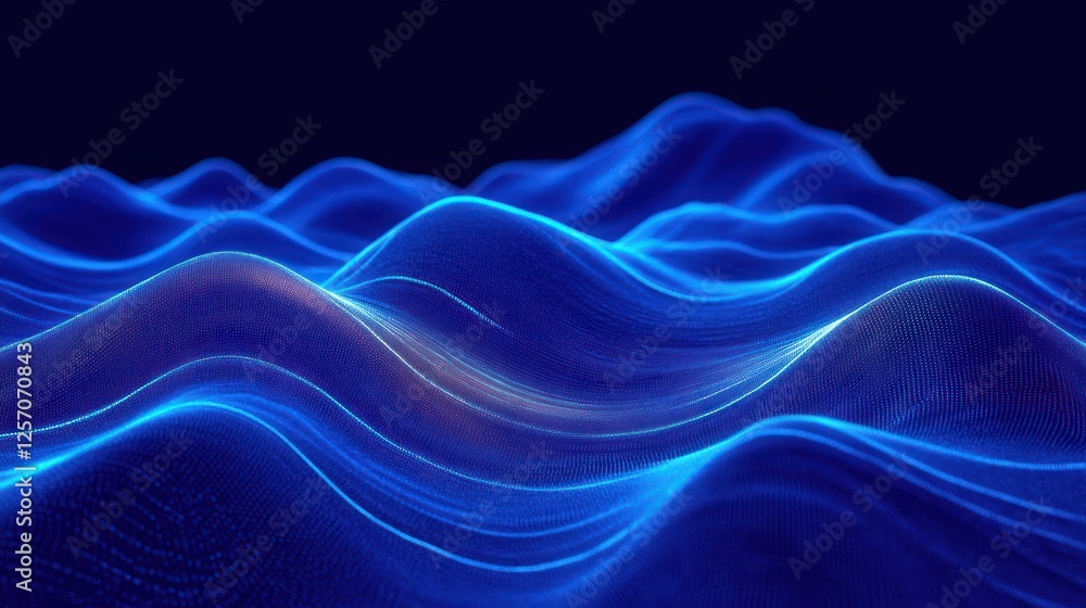 Poster dynamic neon blue and deep navy wave pattern background with glowing lines and depth