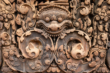 Close-up of a carving of a kala, or guardian spirit, at Banteay Srei, or Citadel of Women, a Hindu...