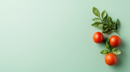 Fresh tomatoes with vibrant red color and green leaves on a soft mint background, showcasing natural produce.