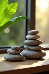Obraz premium A row of stacked stones on a wooden shelf with natural light filtering through, Balance, Light, Harmony