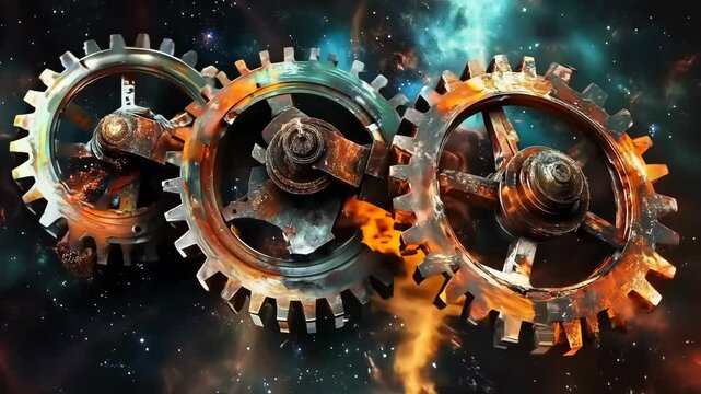 Rusty Gears Rotating In A Nebula Galaxy Background With Fire Flames