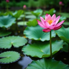 Aquatic Nuphar lutea blooms in the foreground of a lake, lake, bloom, flower