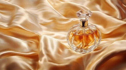 Golden perfume bottle on silk, luxury scent, elegant background, advertising