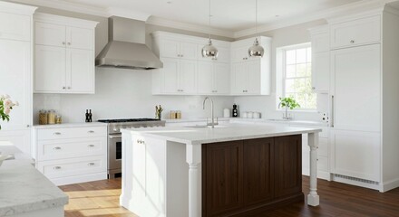 The elegant pendant lights add a touch of sophistication to this modern kitchen, featuring white cabinets, a dark wood island, and stainless steel appliances