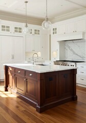 With its white cabinets, dark wood island, and stainless steel appliances, this kitchen offers a contemporary space for cooking and gathering