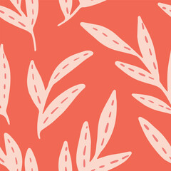 Solid leaf branches with cute dotted veins forming a one directional pattern in color palette of off white on pastel peach background. Cute leaves seamless vector pattern. Great for home decor, fabric