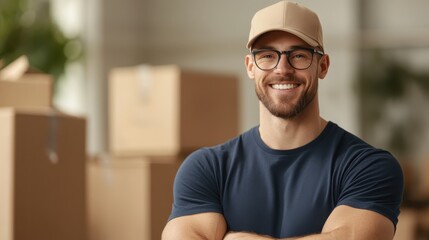 Fototapeta premium A smiling man in a cap stands confidently among cardboard boxes, conveying a sense of readiness and professionalism.