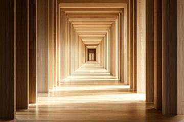 Wooden interior, a symmetrical corridor with rectangular columns, a light wood floor, sunlight shining through the ceiling, a minimalist architectural style