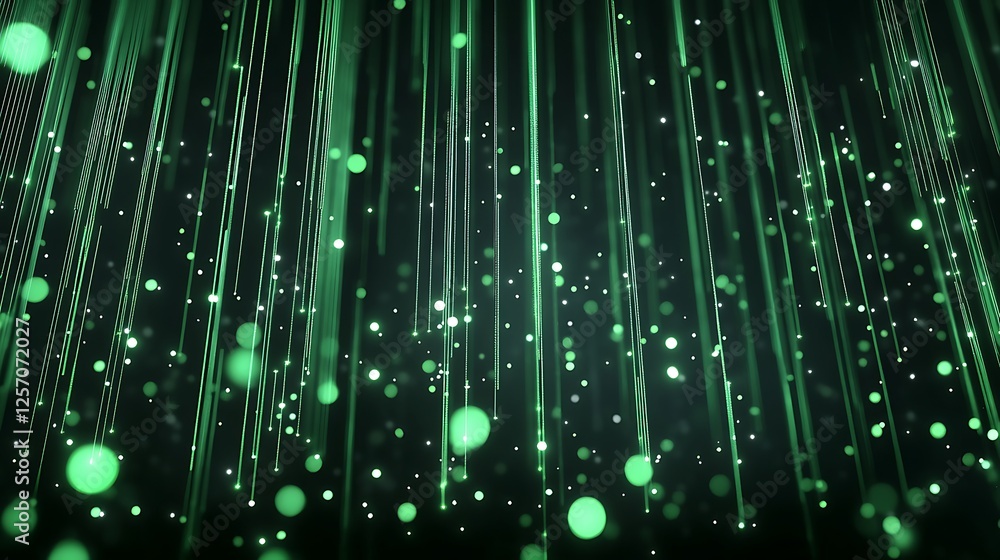 Poster a futuristic green digital background with streams of data and light