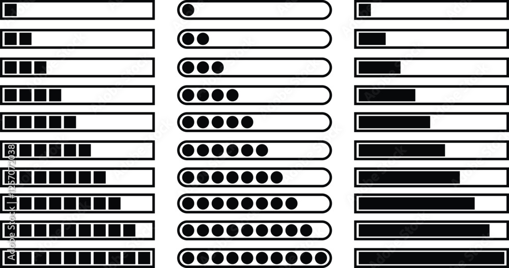 Poster loading black icons vectors set. download upload progress bar sign symbols buttons. system software 