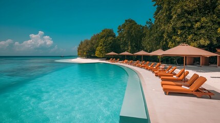 Fototapeta premium An idyllic tropical resort boasts a curved infinity pool overlooking a pristine beach and turquoise ocean, lined with lounge chairs and umbrellas under a bright blue sky.