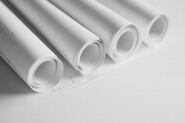 Fototapeta premium Rolled Blueprints on White Surface for Architectural Design Projects
