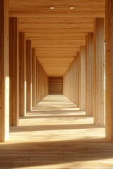 Fototapeta premium Wooden interior, a symmetrical corridor with rectangular columns, a light wood floor, sunlight shining through the ceiling, a minimalist architectural style