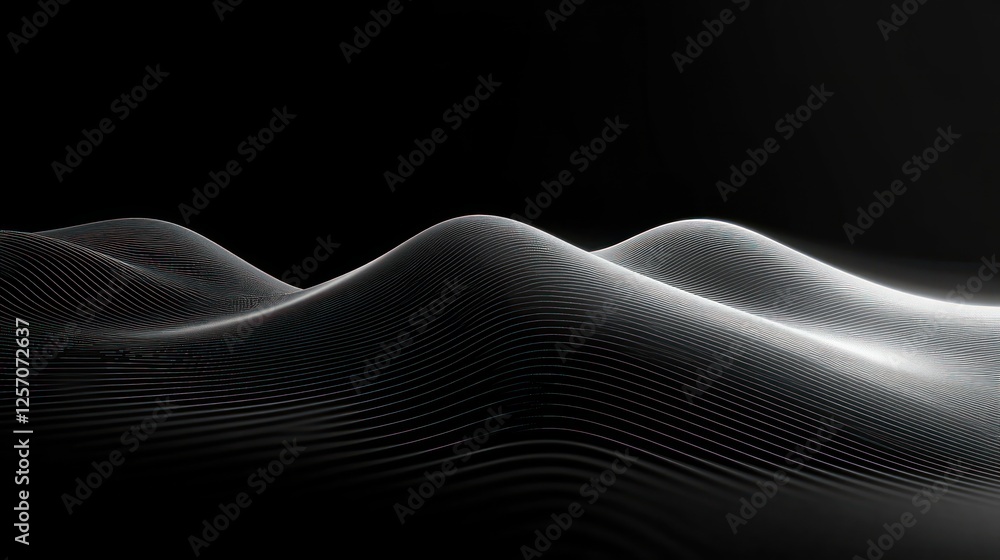 Poster minimalist black and white abstract wave landscape with smooth flowing lines and soft ambient lighti