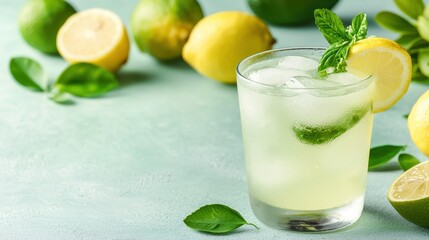 Fototapeta premium A refreshing cocktail with mint, served in a glass, surrounded by lemons and limes on a light-colored background.