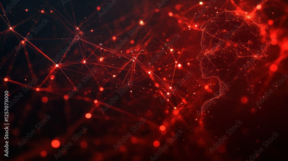 Aufkleber red cybernetic landscape with interconnected lines and nodes in surrealistic style