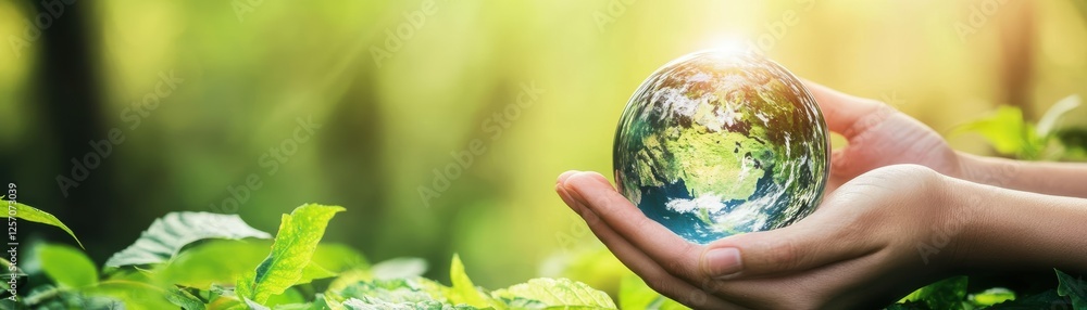 Poster person holding a glass globe in their hands with focus on the globe and hands in soft lighting