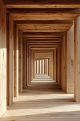 Wooden interior, a symmetrical corridor with rectangular columns, a light wood floor, sunlight shining through the ceiling, a minimalist architectural style