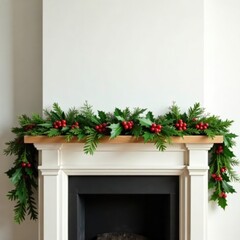 A festive garland of holly and mistletoe draped over a wooden mantel, holiday decor, , mistletoe