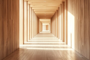 Wooden interior, a symmetrical corridor with rectangular columns, a light wood floor, sunlight shining through the ceiling, a minimalist architectural style