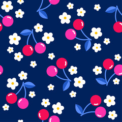 Cute cherry and flower seamless pattern design for spring season background.