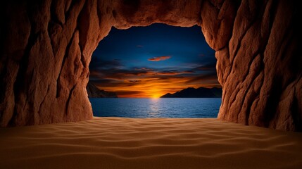 Stunning Sunset View from Cave Entrance with Ocean and Mountains