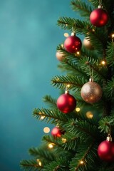 Decorated evergreen tree with twinkling lights and ornaments against a soft blue background, ornate decorations, decorative elements, festive ambiance