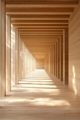 Wooden interior, a symmetrical corridor with rectangular columns, a light wood floor, sunlight shining through the ceiling, a minimalist architectural style