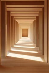 Fototapeta premium Wooden interior, a symmetrical corridor with rectangular columns, a light wood floor, sunlight shining through the ceiling, a minimalist architectural style