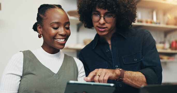 Workshop, people or startup with tablet for pottery, design inspiration or verification for order. Small business, man or woman as ceramist with scroll for clay ecommerce, track inventory or teamwork - Powered by Adobe