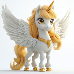 Adorable Golden Haired Winged Unicorn Fantasy Creature Illustration 3D Render