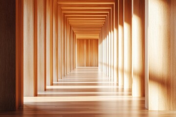 Fototapeta premium Wooden interior, a symmetrical corridor with rectangular columns, a light wood floor, sunlight shining through the ceiling, a minimalist architectural style