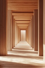 Wooden interior, a symmetrical corridor with rectangular columns, a light wood floor, sunlight shining through the ceiling, a minimalist architectural style
