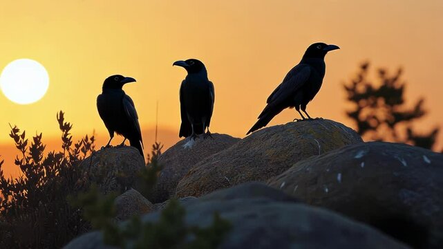 Three crows silhouetted against a vibrant sunset.
