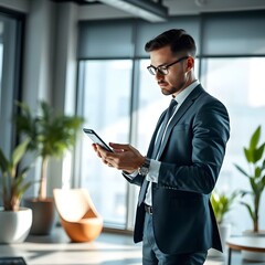 Smartphone and data graph - Businessman holding smartphone in hand and checking data analysis chart on screen.