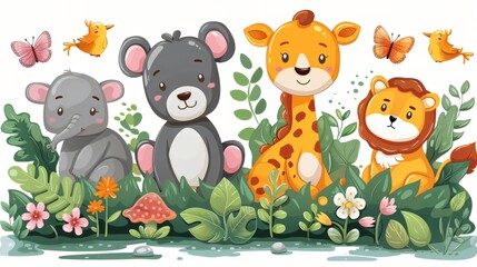 Adorable Cartoon Animals in Lush Garden Elephant Bear Giraffe Lion Illustration