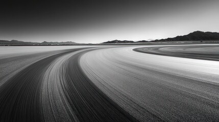 Desert race track curve, speed motion blur, landscape background, automotive advertising