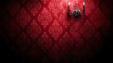 Elegant red damask wallpaper with vintage black candle holder providing atmospheric lighting effect.