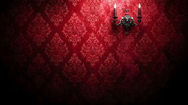 Fototapeta Elegant red damask wallpaper with vintage black candle holder providing atmospheric lighting effect.