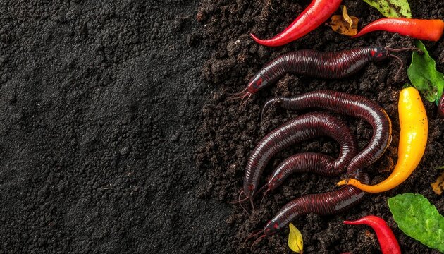 Detailed shot of worms wriggling in moist, nutrient-dense soil, surrounded by colorful plant debris in an outdoor compost setting