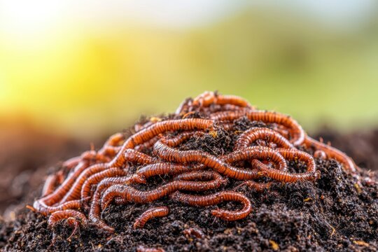 Dynamic close-up of worms in dark, damp soil, illuminated by soft natural light, showcasing a healthy compost ecosystem