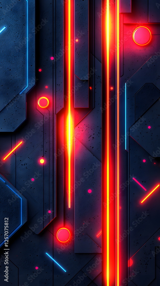 Poster vibrant neon abstract background with glowing lines and geometric shapes in dark setting.